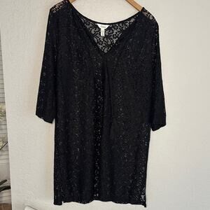 Soma Black Sheer Coverup Lace Dress V Neck Tassel Tie Vacation Tunic Large